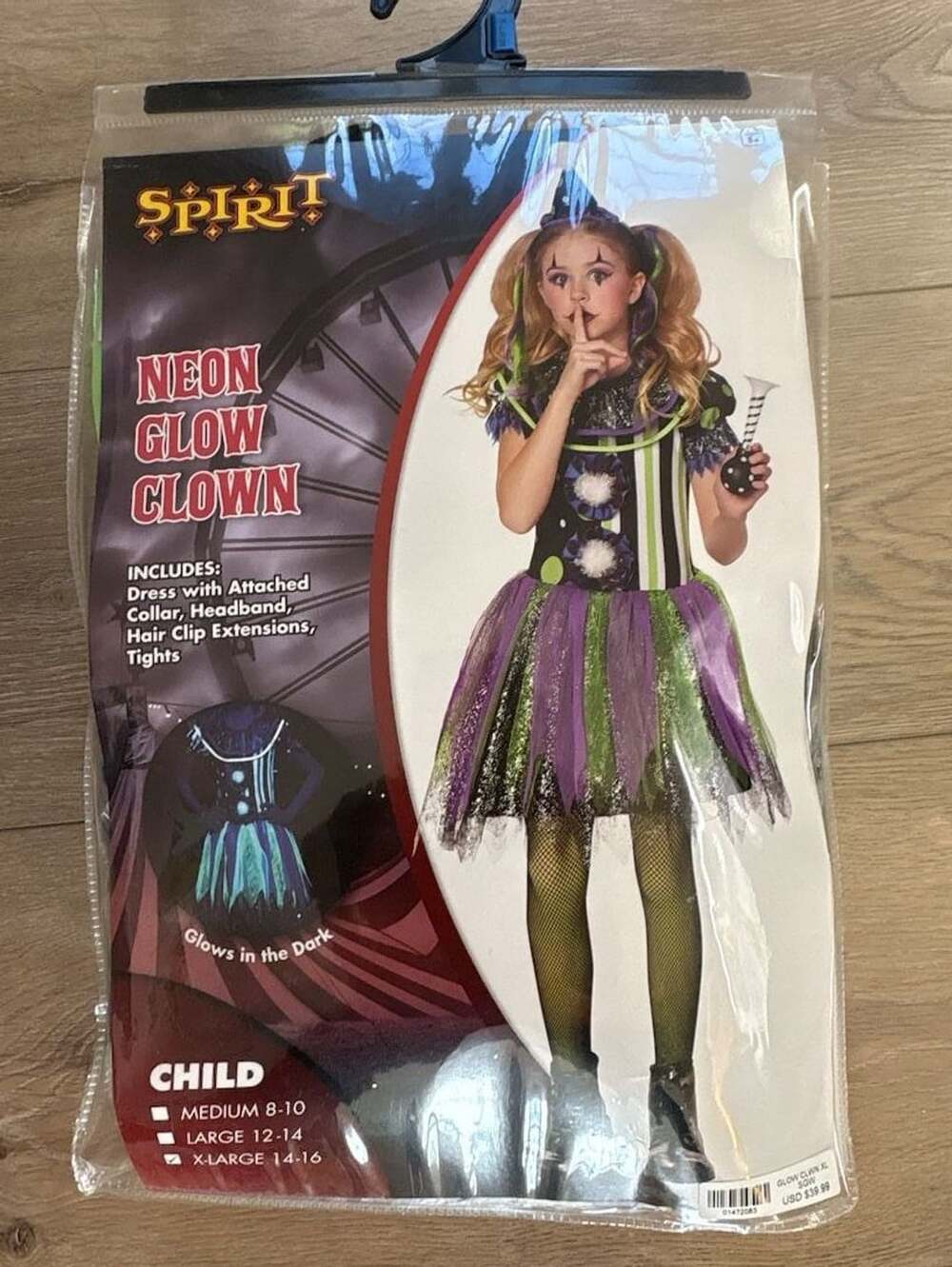 Spirit Halloween Neon Glow Clown Costume Size X-Large 14-16